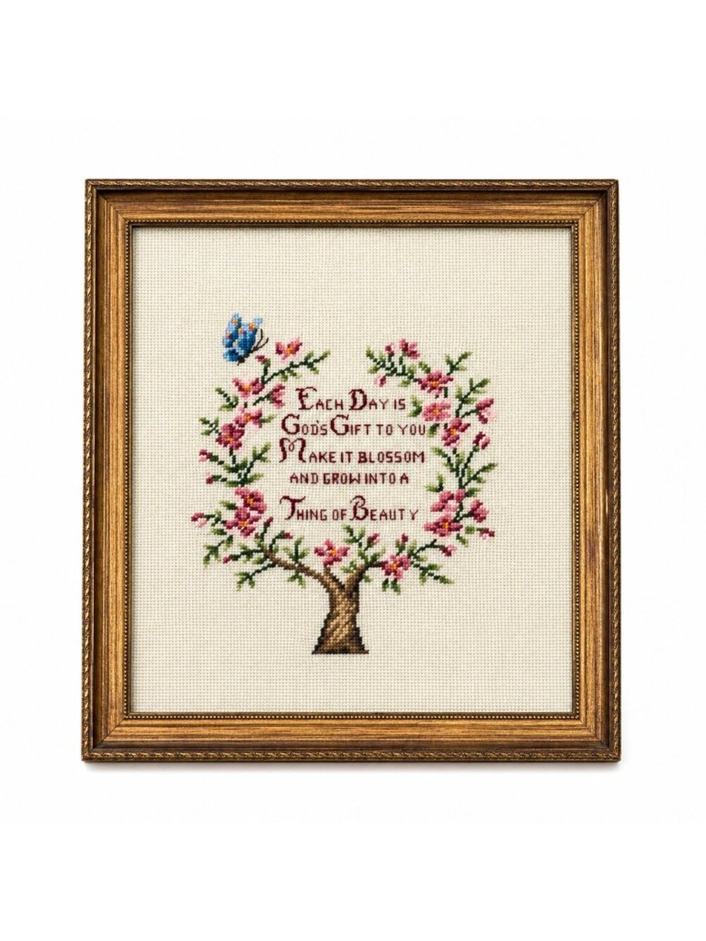 Framed Crewel Needlepoint Art Floral Work Each Day Gift to you Make it Bloom and